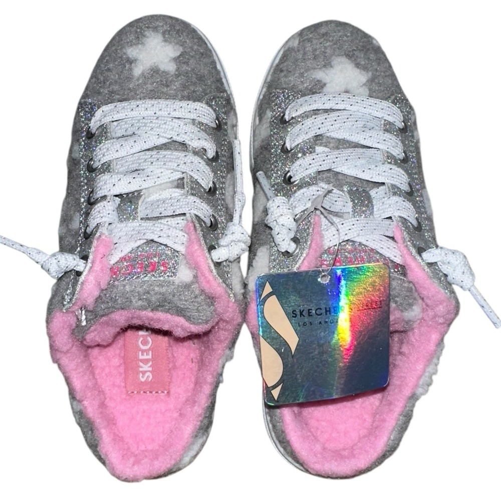 Skechers Street Girls Size 1 Mule Sneakers Fuzzy Star Glitter Pink‎